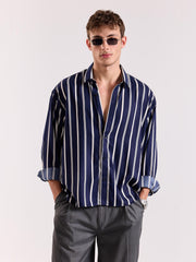 Navy Blue & White Striped Drape Shirt